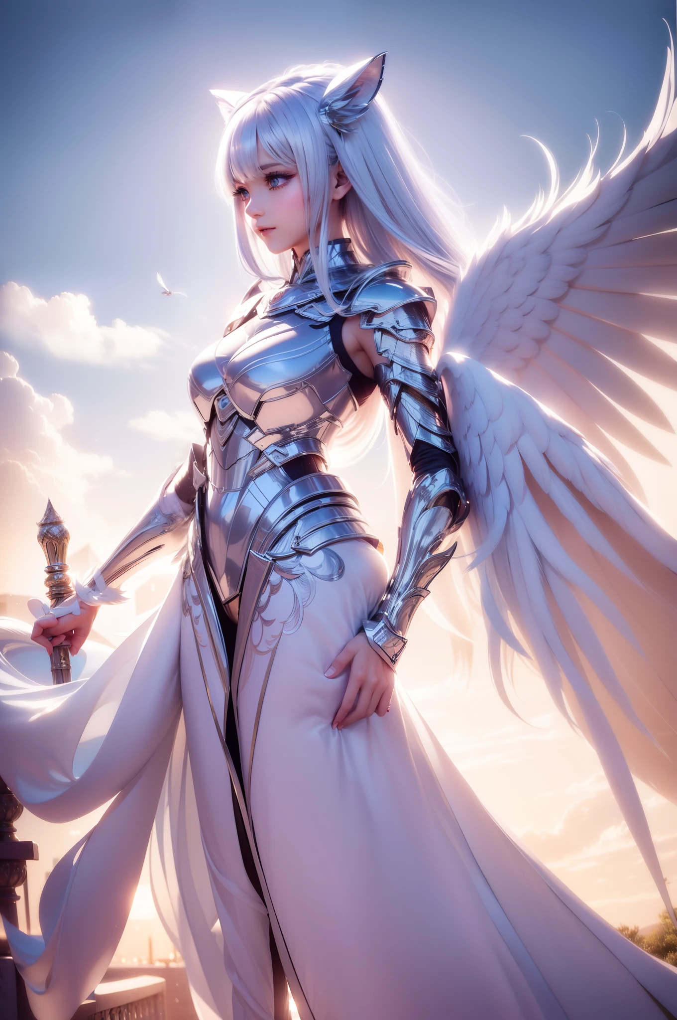 masterpiece, ((best quality)),highly detailed,pov,floating white feathers,backlighting,cloud,solo,(white_hair),long hair,yelow_eye,petite,large breast,(angel : cat_girl : 20),cat_ear,halo,wings,white_dress,