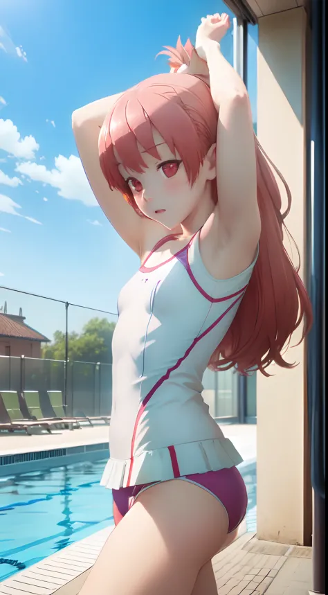 School, swimming pool, swimming suit, stretching, Embarrassed, morning, poolside