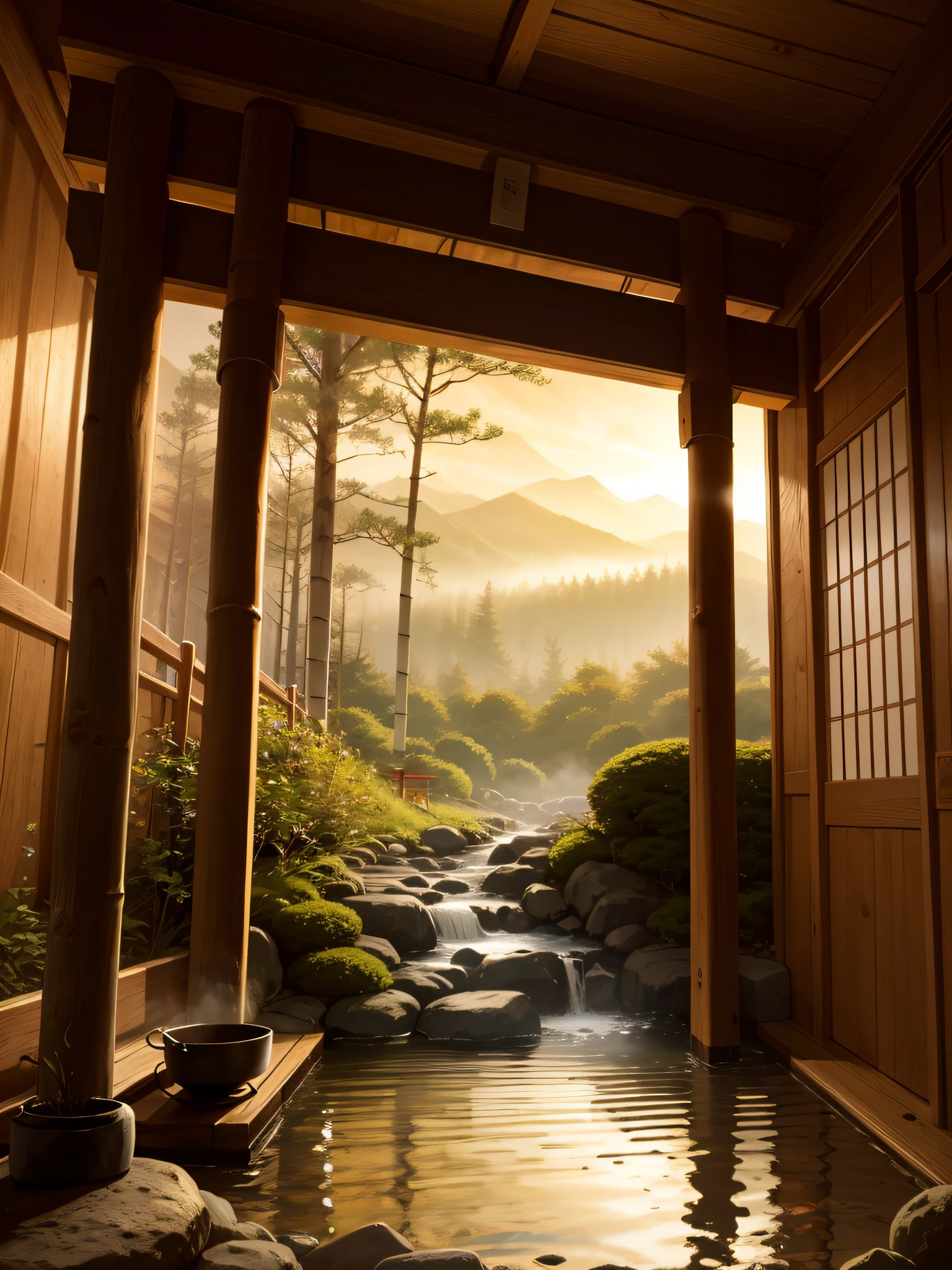 "((杰作)), 景观, 日本传统温泉, 黎明, 昏暗的灯光, 细节, 实际的, 热蒸汽, 鸟居, 木桶, 森林, 竹子,".