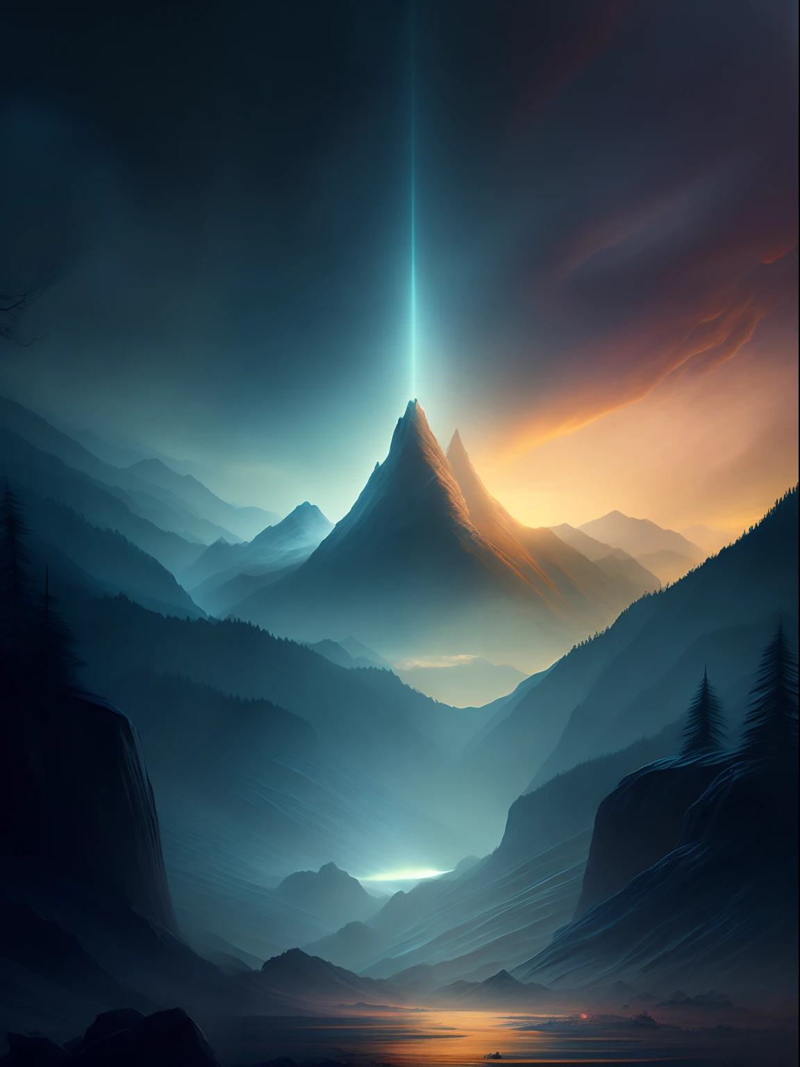 Best quality, masterpiece, ultra high res, (photorealistic:1.4), raw photo,Land of dead, mountains, pale dead fog, Lord of the Rings, Sauron, fantasy, dark faded tones, T-shirt design, midjourney, vector art, hydro74, suite, cinematic lighting, serene bliss, diffused light, night light, god rays, chromatic abberation, caustics