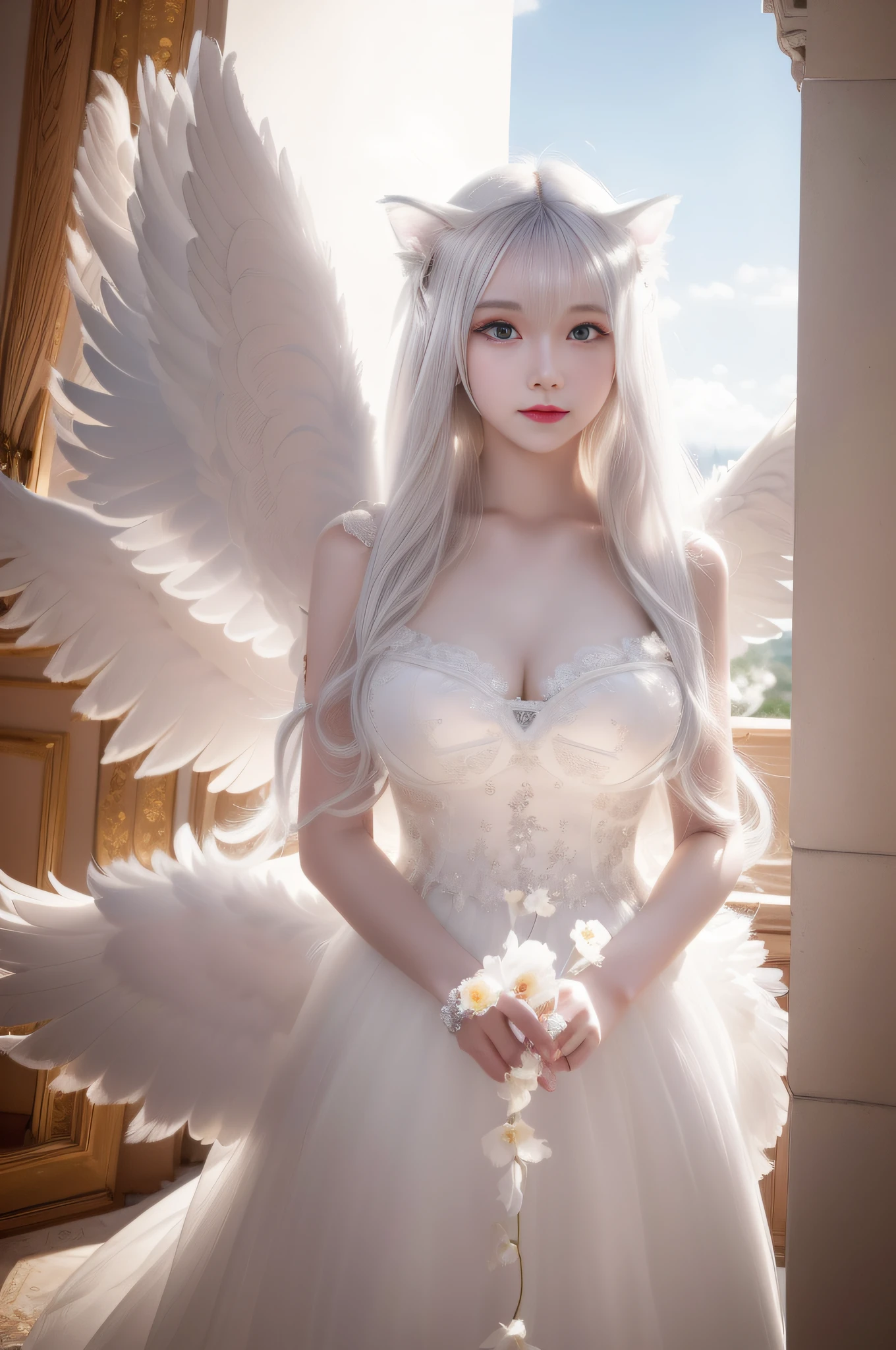 masterpiece, ((best quality)),highly detailed,pov,floating white feathers,backlighting,cloud,solo,(white_hair),long hair,yelow_eye,petite,large breast,(angel : cat_girl : 20),cat_ear,halo,wings,white_dress,