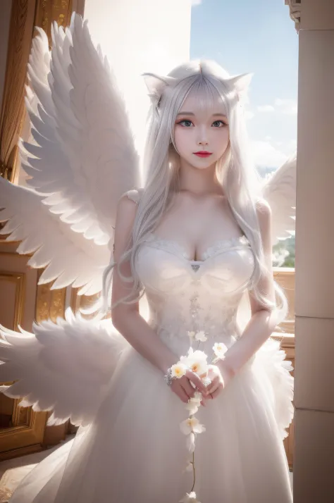 masterpiece, ((best quality)),highly detailed,pov,floating white feathers,backlighting,cloud,solo,(white_hair),long hair,yelow_e...