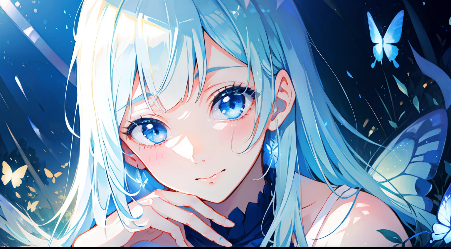 masterpiece,gorgeous, high details,1girl, traced lights,wallpaper, (close up), blue eyes,happy, laughing, laugh, cute, femine, delicate,butterfly, magicle, detailed background,colorfull, innocent, cozy, intimate BREAK miwakasumi, light_blue_hair,blunt bangs, long hair, nature