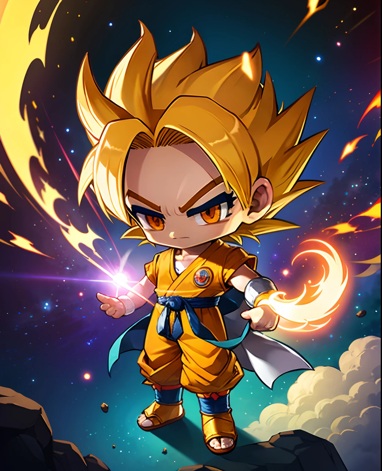 best quality, masterpiece, Son_Goku_\(Dragon Ball\), Super saiyan, solo, chibi, best ratio for fingers and one thumb, Yellow hair, white collar, white sleeves, Hair standing upright