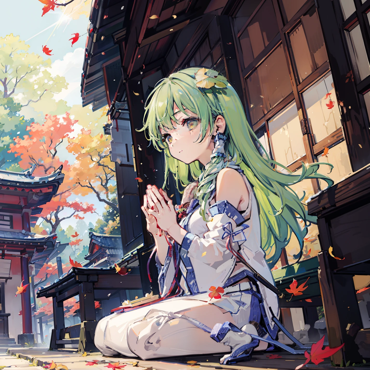 Sanae Kochiya praying at a shrine, masutepiece, Fine detail, 4K, 8K, 12K, Solo, Alone, Beautiful Girl, caucasian female, Close eyes, Offer Box, shrines, Sunlight penetrating the leaves, Autumn, Autumn leaves