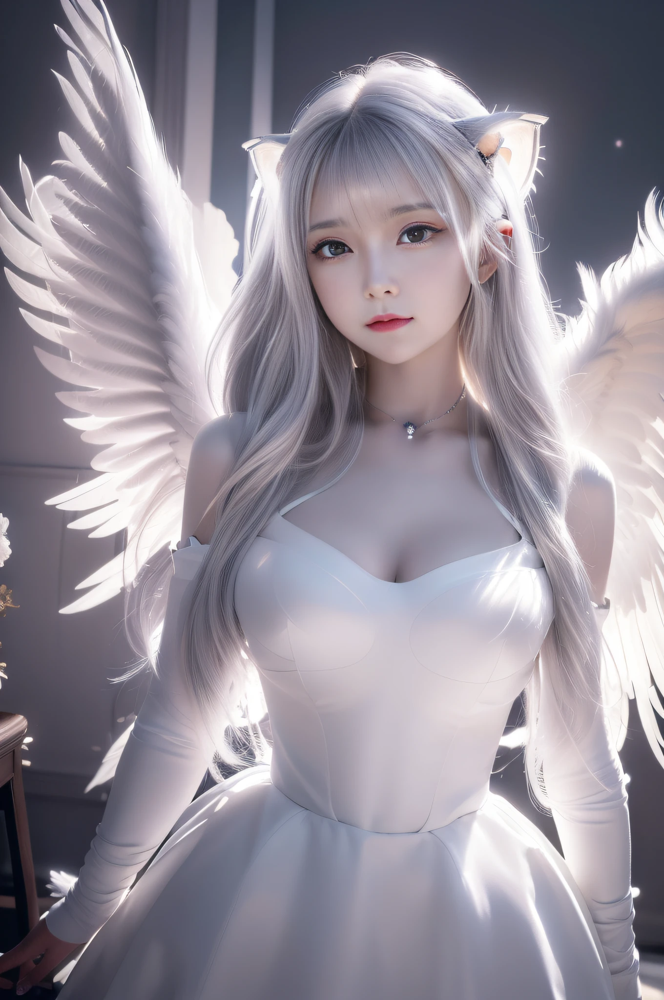 masterpiece, ((best quality)),highly detailed,pov,floating white feathers,backlighting,cloud,solo,(white_hair),long hair,yelow_eye,petite,large breast,(angel : cat_girl : 20),cat_ear,halo floating,wings,white_dress, mecha armor,