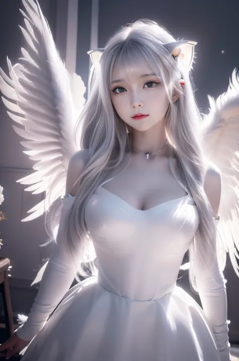 masterpiece, ((best quality)),highly detailed,pov,floating white feathers,backlighting,cloud,solo,(white_hair),long hair,yelow_e...