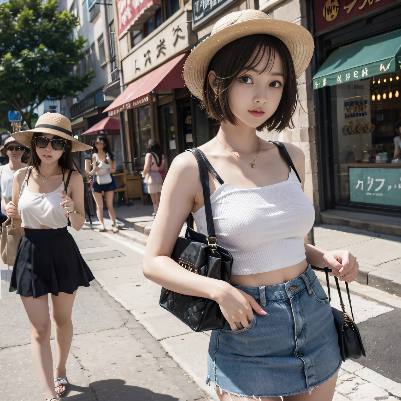 teens girl、onepiece、a hort Bob、a straw fedora hat、street corner、Sheer sunlight、