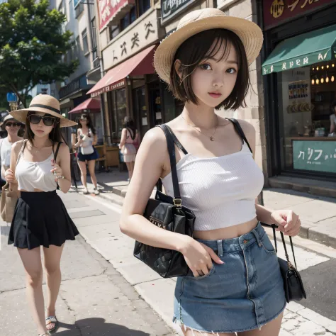 teens girl、onepiece、a miniskirt、short bob、a straw fedora hat、street corner、sheer sunlight、