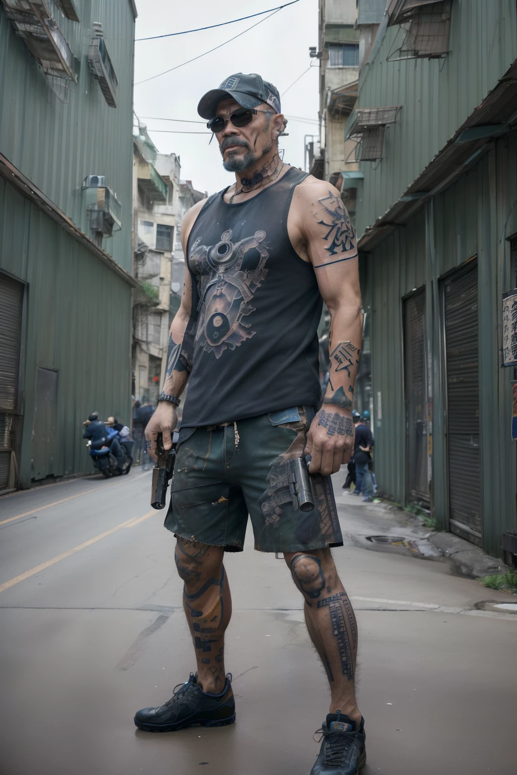 masterpiece, best quality, highres, 1man, on the street, gloomy, (metal steel building:1.1), focus on background,  upper body, strong taiwanese man, (large arms tattoo:1.4), gangster, shirt, tank top, holding weapon, (pistol:1.3),  A variety of signs on the road in Taiwan, many motorcycles parked on sidewalk, buildings made of corrugated metal, dirty trash,