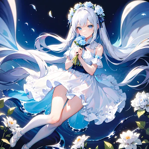 ((Masterpiece, Best quality)), 1girll, flower  sea，Holding a bouquet of flowers in both hands，Milky white hair，long hair flowing...
