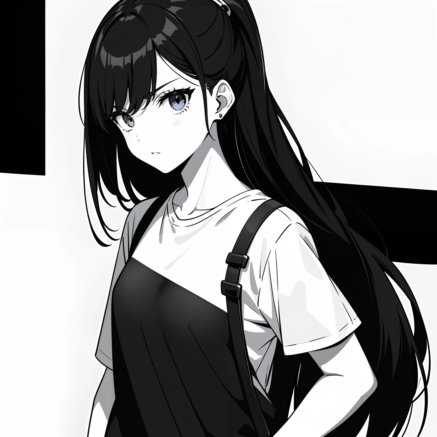 girl, side portrait, black and white,edgy accessories,sporty style, casual t-shirt, confident gaze, monochrome color scheme, looking to the side, chic street fashion, casual hands in pockets pose,head,Long Hair