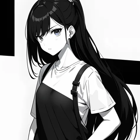 girl, side portrait, black and white,edgy accessories,sporty style, casual t-shirt, confident gaze, monochrome color scheme, loo...