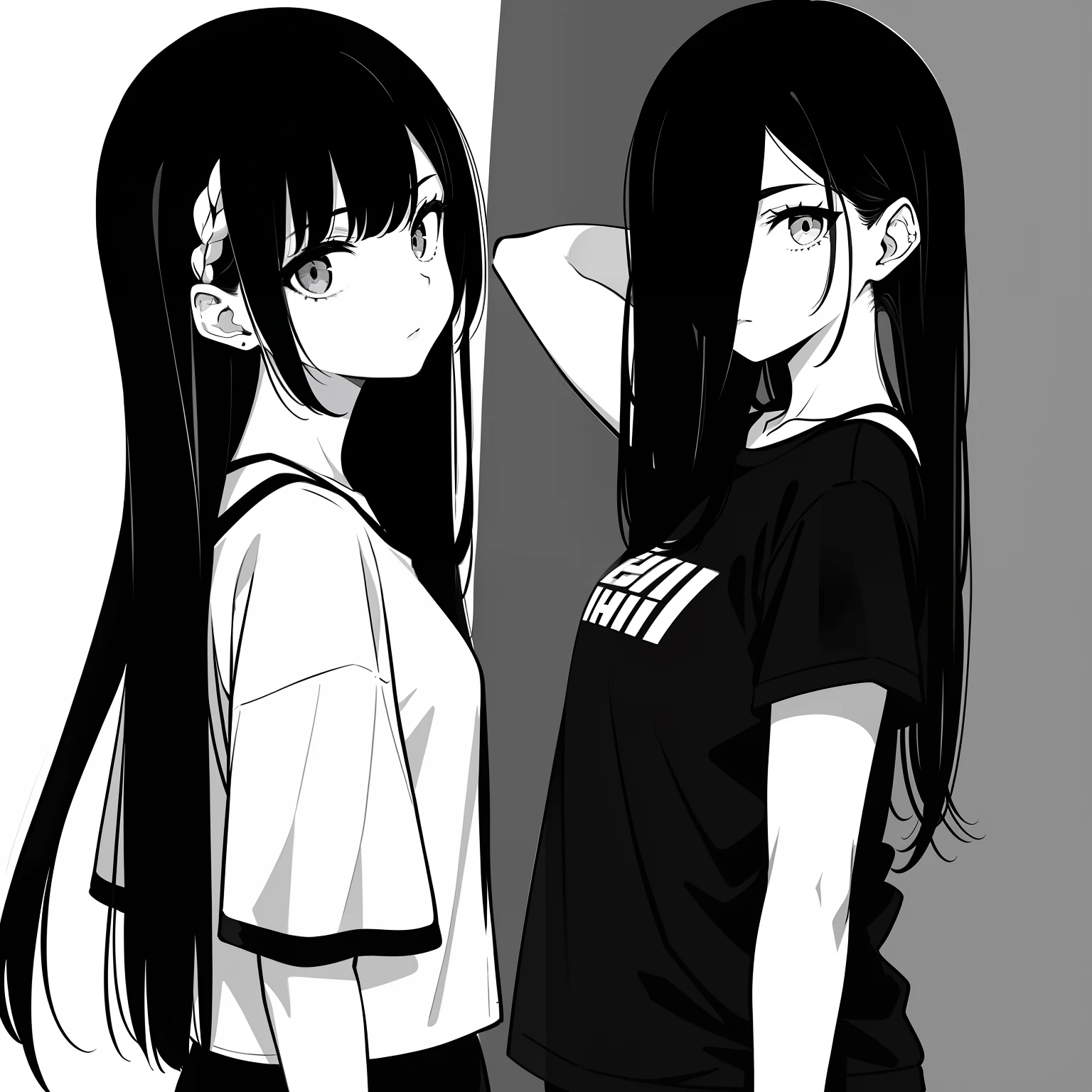 女の子, 横顔, 白黒,エッジの効いたアクセサリー,スポーティなスタイル, カジュアルTシャツ, 自信に満ちた視線, モノクロの配色, 横を見る, シックなストリートファッション, ポケットに手を入れるカジュアルなポーズ,頭,長い髪