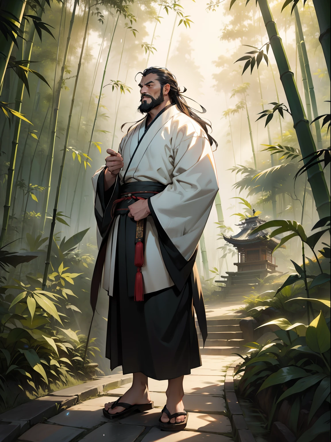 Deep in the bamboo forest, Chinese Ancient Times，raining day, A middle-aged male, 50yearsold, With a beard，long whitr hair，dressed white hanfu, Standing in a bamboo forest, One hand touches his beard，Place one hand behind your back，Look up at the sky，The ground is dirt，Quiet, Cinematic lighting, in a panoramic view, Masterpiece, ccurate, Super detail, Award-Awarded, Best quality