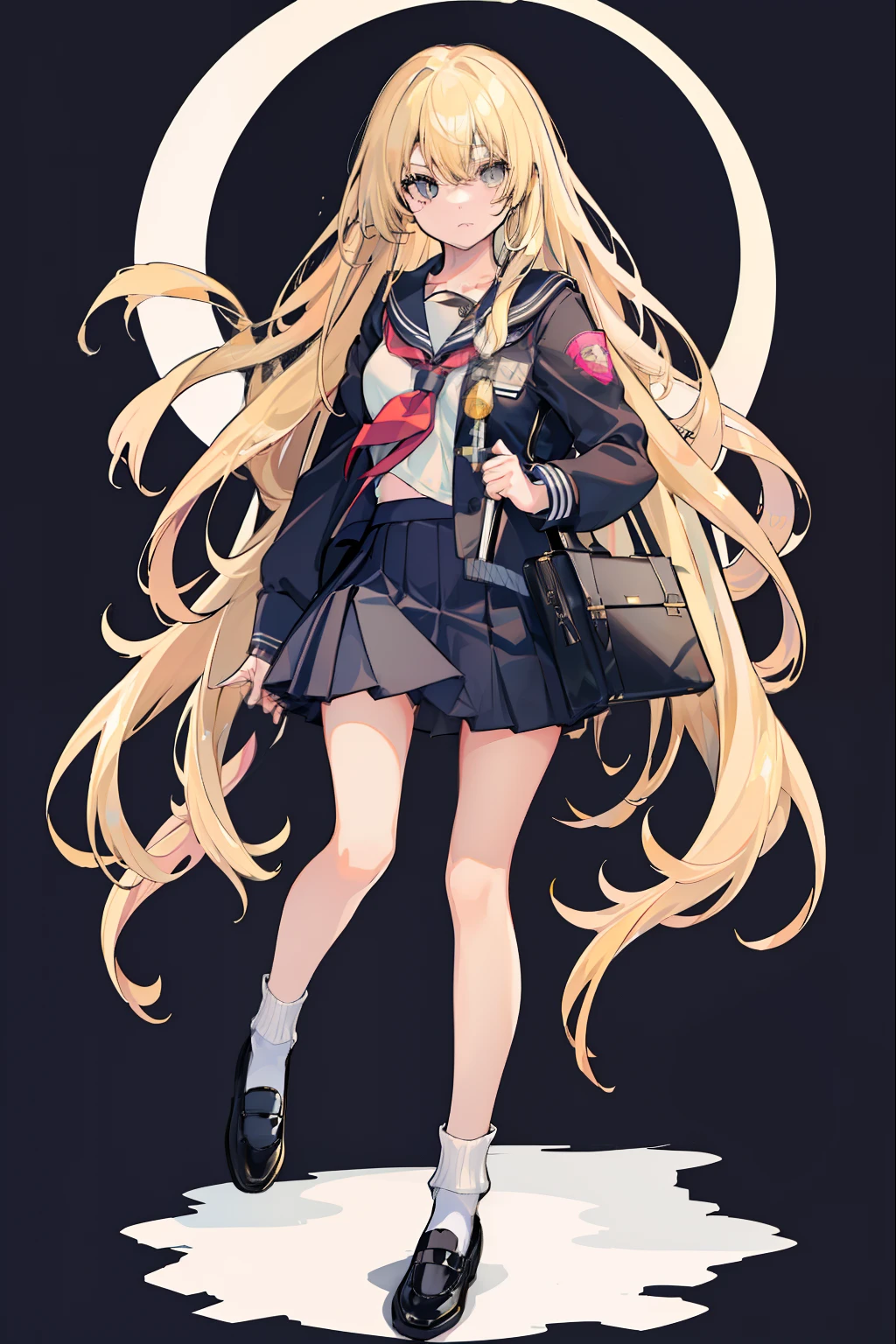 Depiction of a young woman with 長い髪 holding a briefcase, 女の子1人, 一人で, marisa kirisame, , gohei, スカート, 靴, 熾天使, 白いセーラー服, 靴下, メリージェーン, 学歴, 異なる衣装, 長袖, ブロンド, 全身, 視聴者を見る, 長い髪