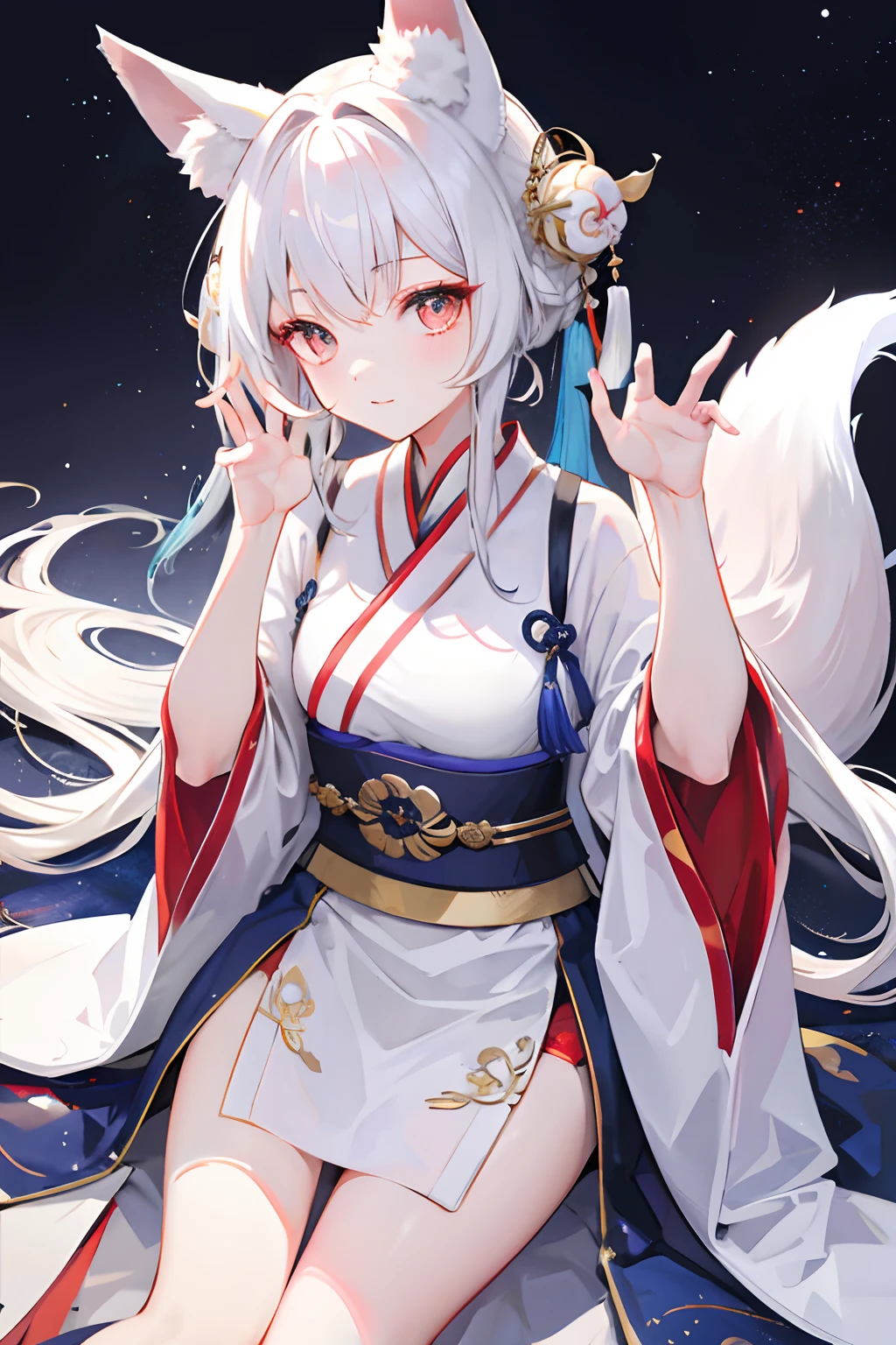 whaite hair，Fox ears，Girl body type，Negative hands，Hanfu