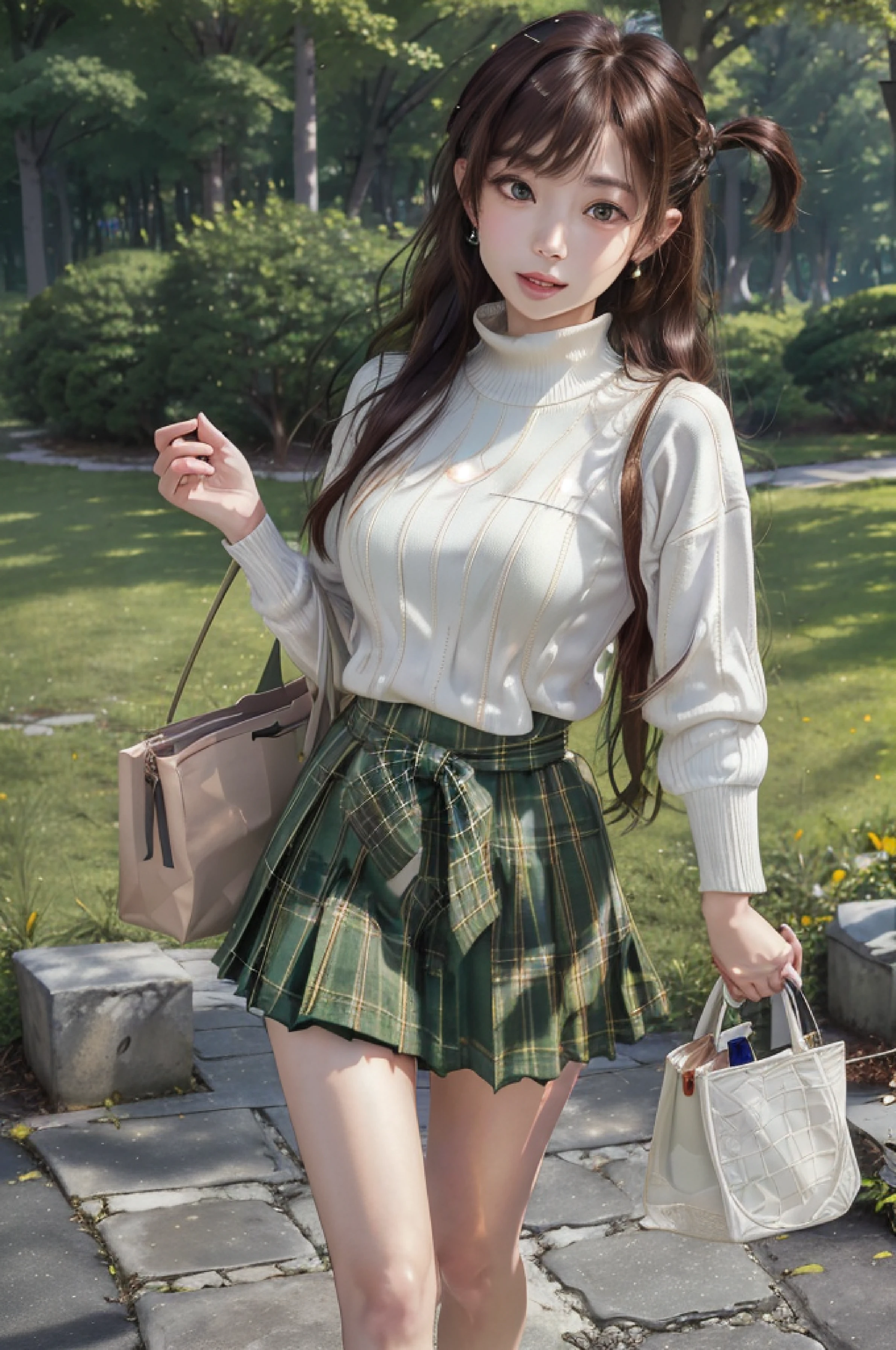 8k, raw camera, highres, detailed, masterpiece, portrait, photorealistic, hyperrealist, aesthetic, beautiful, best quality, highly detaile, best quality clothing, aesthetic clothings, professional angle, rule of thirds, Feminine, delicate, beautiful, 19 years, attractive Japanese, solo, 1 girl, (Chuzuru Ichinose Mizuhara), (In Park with green trees), (Full body), ((From Front) Shallow Depth of Field), Some People in the Background, ((Happy)), (Waist Length Hair, Brown Hair), (Loose Hair, Braid, Bangs , Straight Hair), ((One Side Up)), (Light Brown  Eyes, Open Eyes, Cheerful Gaze), (-, Holding a bag), (Standing, Mouth Closed Smiling), -, Red Bracelet, (Medium Bust), ((High Neck White Sweater, Green Plaid Skirt Knee Length )), (Earrings, Hair RedTie), (-), beautiful body, beautiful eyes, shiny eyes, shiny hair, beautiful mouth, beautiful lips, beautiful skin, beautiful teeth, perfect teeth, beautiful face