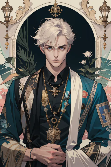 (masterpiece, best quality), 1 male, adult, handsome, tall muscular guy, broad shoulders, finely detailed eyes and detailed face, extremely detailed CG unity 8k wallpaper, intricate details, the fool \tarot\, bard, clown, Symbolism, Visual art, Occult, Uni...