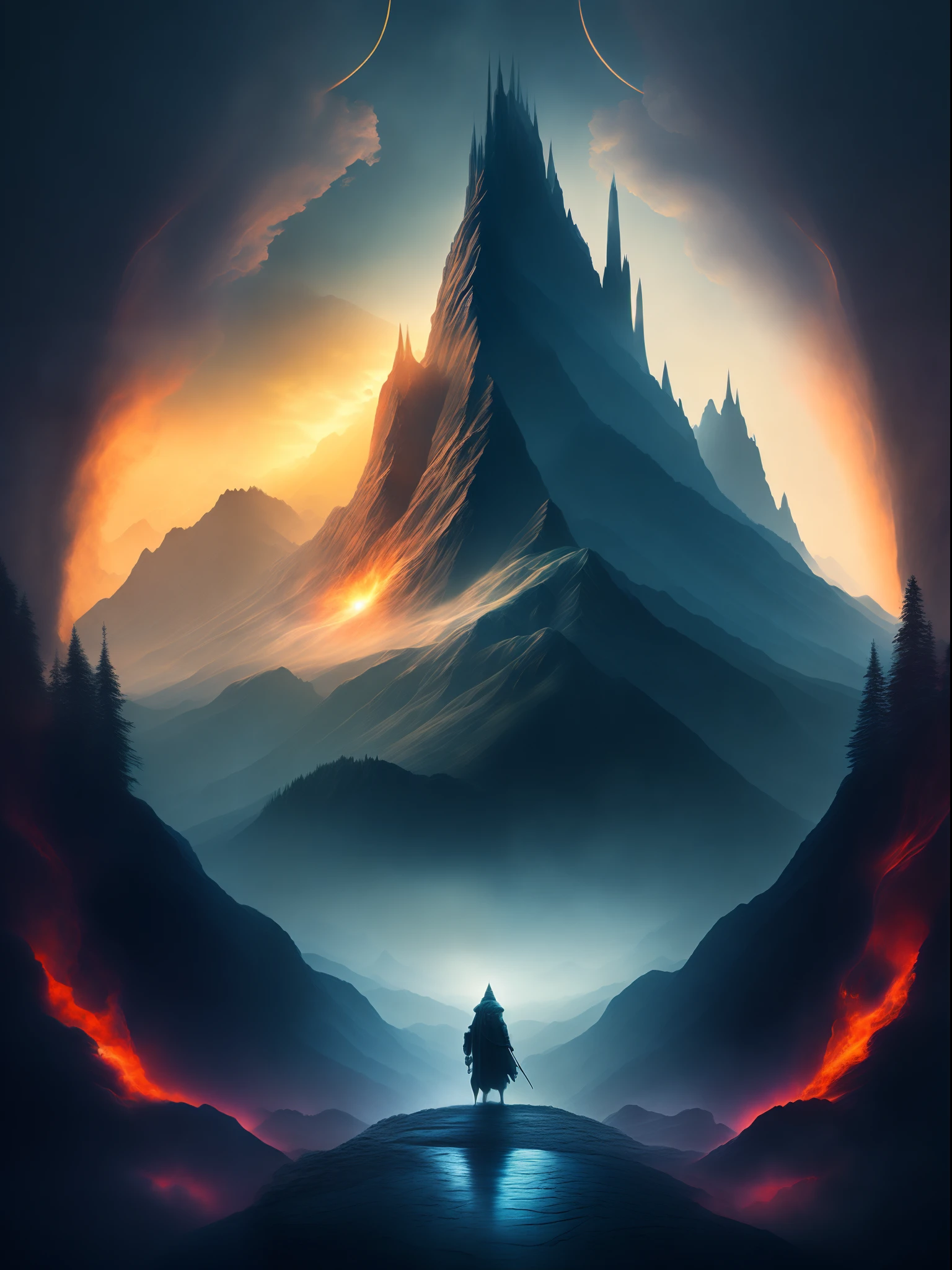 Best quality, masterpiece, ultra high res, (photorealistic:1.4), raw photo,Land of dead, mountains, pale dead fog, Lord of the Rings, Sauron, fantasy, dark faded tones, T-shirt design, midjourney, vector art, hydro74, suite, cinematic lighting, serene bliss, diffused light, night light, god rays, chromatic abberation, caustics