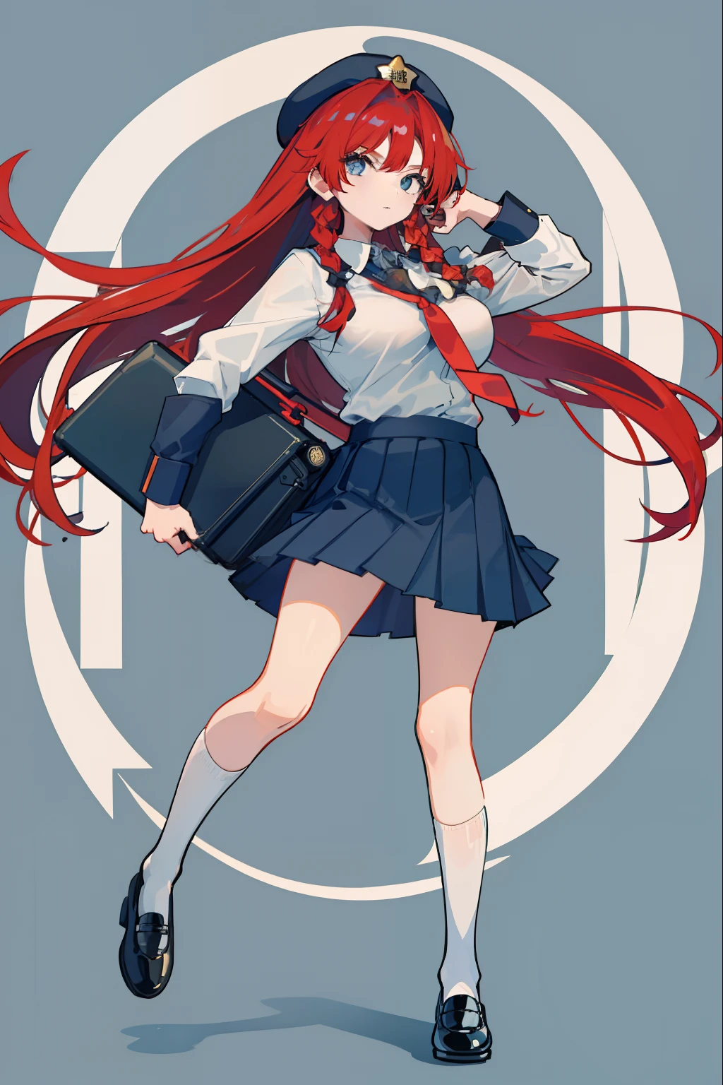 Depiction of a long-haired young woman with a briefcase, one girl, solo, Hong Meiling, school uniform, gohei, skirt, shoes, white school uniform, white polo shirt, blue tie, blue pleated skirt, socks, Mary Janes , School background, Alternate costume, Long sleeves, Rolled sleeves, Red hair, Whole body, Looking at viewer, Long hair, Big breasts