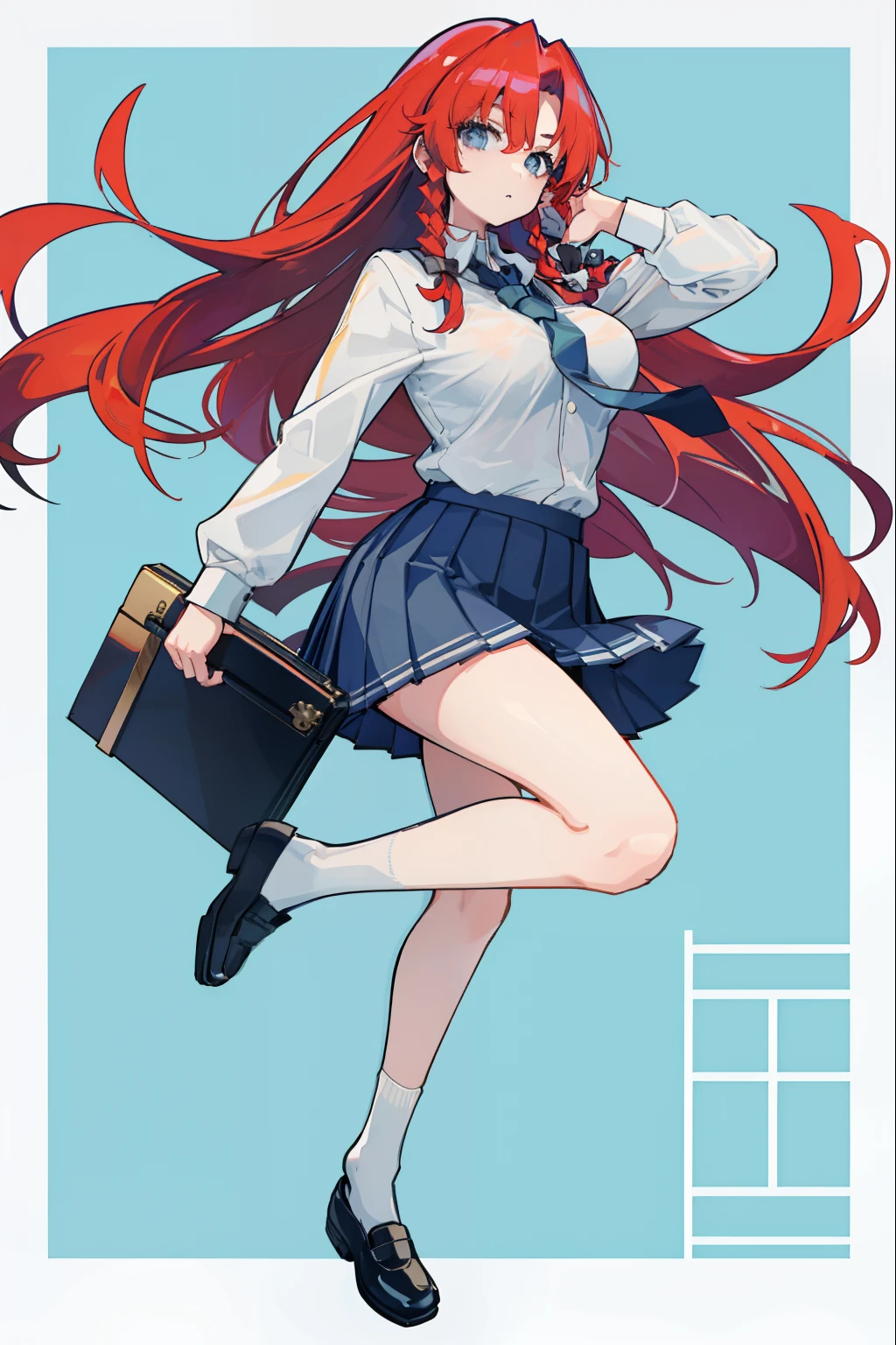 Depiction of a long-haired young woman with a briefcase, one girl, solo, Hong Meiling, school uniform, gohei, skirt, shoes, white school uniform, white polo shirt, blue tie, blue pleated skirt, socks, Mary Janes , School background, Alternate costume, Long sleeves, Rolled sleeves, Red hair, Whole body, Looking at viewer, Long hair, Big breasts