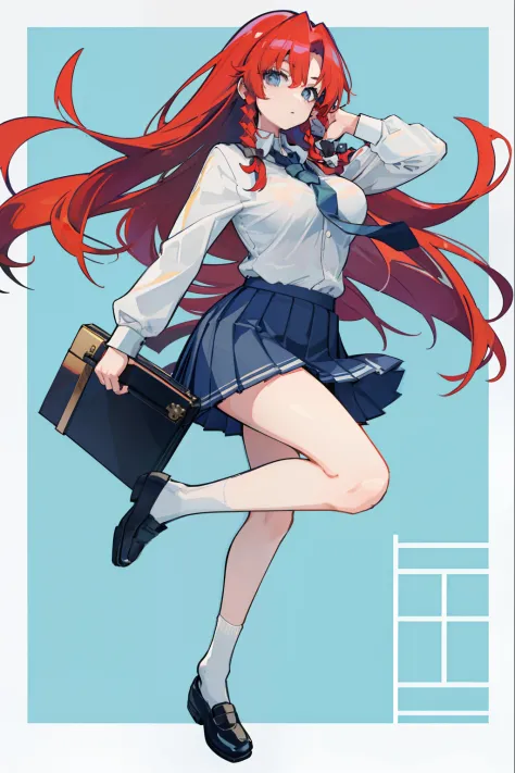 depiction of a long-haired young woman with a briefcase, one girl, solo, hong meiling, school uniform, gohei, skirt, shoes, whit...