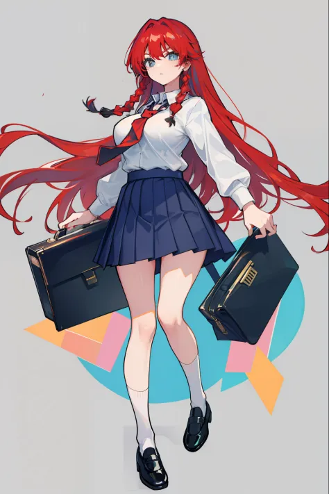 Depiction of a long-haired young woman with a briefcase, one girl, solo, Hong Meiling, school uniform, gohei, skirt, shoes, whit...