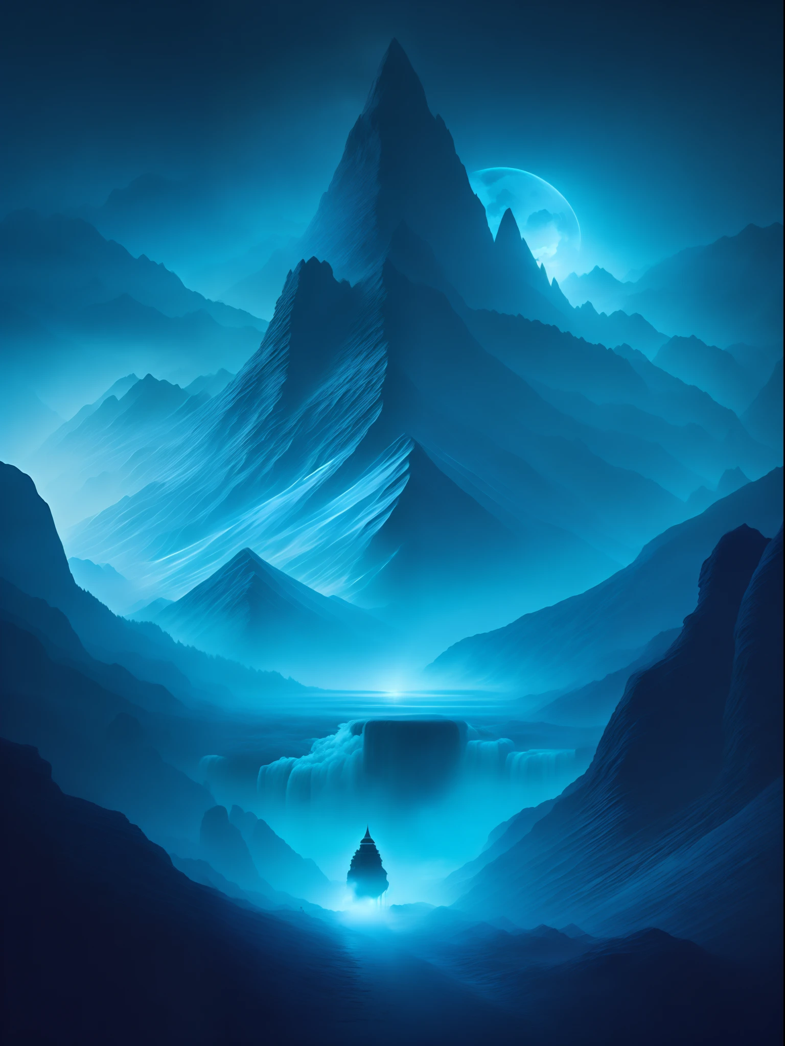 Best quality, masterpiece, ultra high res, (photorealistic:1.4), raw photo,Land of dead, mountains, blue fog, Lord of the Rings, Sauron, fantasy. faded tones, T-shirt design, midjourney, vector art, hydro74, suite, cinematic lighting, serene bliss, diffused light, night light, god rays, chromatic abberation, caustics