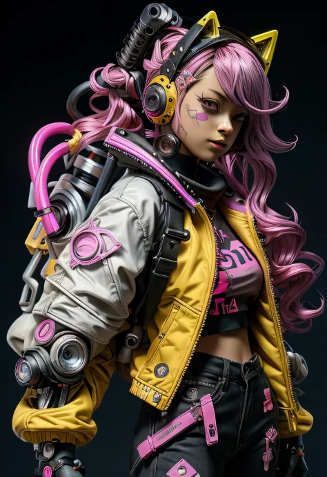 una mujer con cabello rosa sentada encima de una pared, arte cyberpunk de anime, arte de Anime Cyberpunk, Chica de Anime Cyberpu...