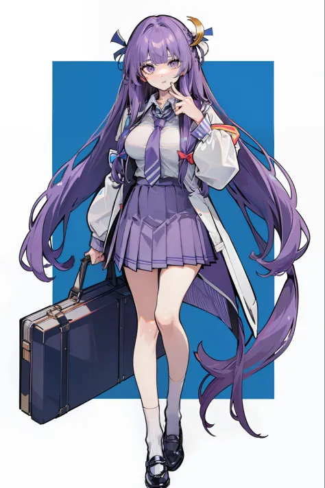 Depiction of a long-haired young woman with a briefcase, one girl, solo, patchouli knowledge, school uniform, Gohei, skirt, shoe...