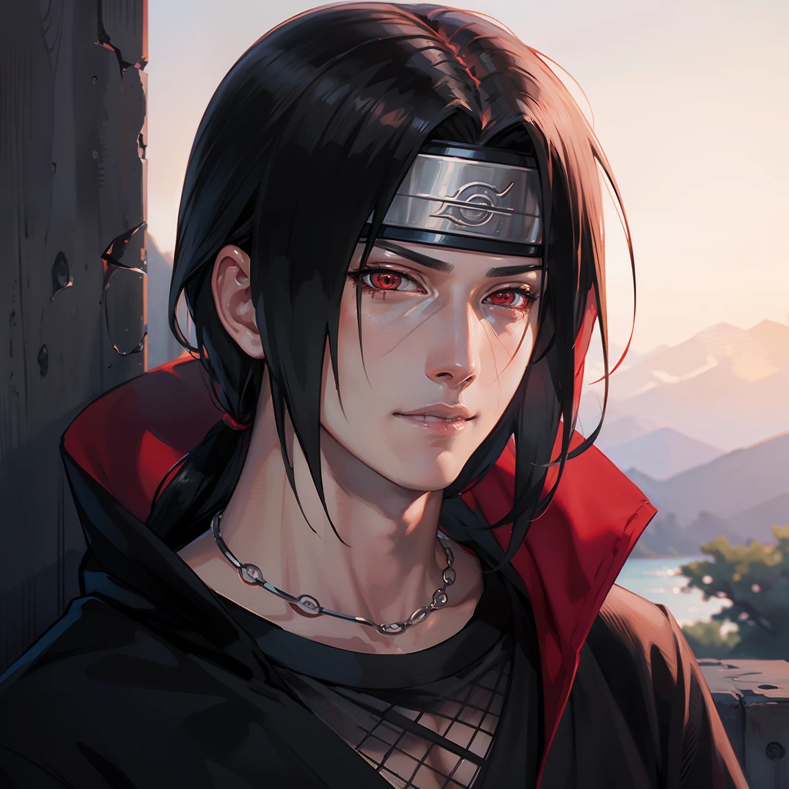 masterpiece, itachi uchiha, 1boy, perfect composition, super realistic, detailed, realistic face and body, sad smile. Headband konoha, white t-shirt, full body