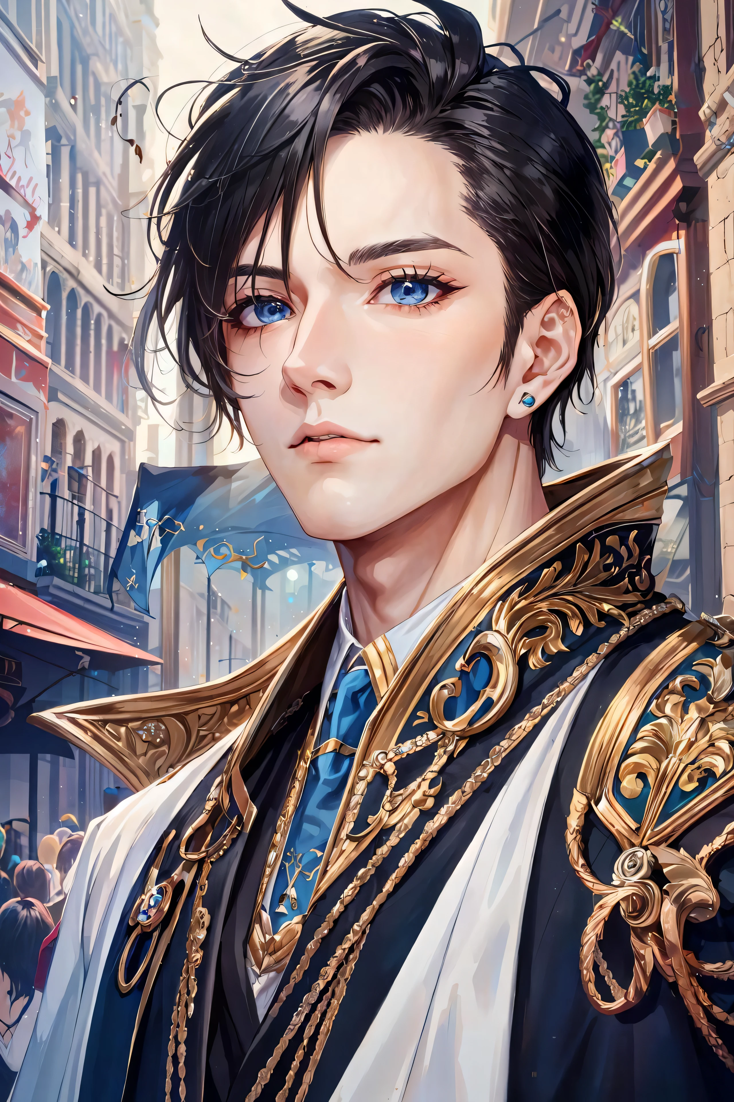 (masterpiece:1.2), (best quality:1.2), perfect eyes, perfect face, perfect lighting, (1boy:1.3), young noble boy, androgynous, long hair, gorgeous, thick eyelashes, makeup, rich clothes, colorful, fantasy, detailed outdoor city background