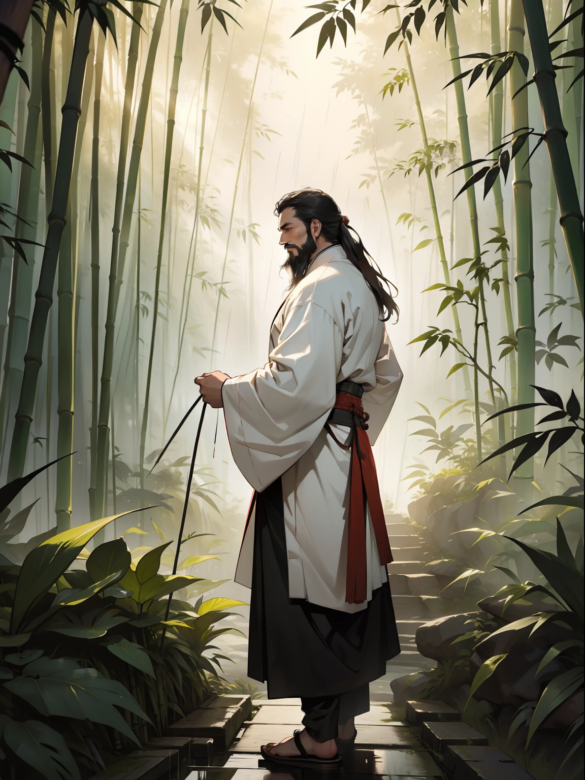 Deep in the bamboo forest, Chinese Ancient Times，raining day, A middle-aged male, 50yearsold, With a beard，long whitr hair，dressed white hanfu, Standing in a bamboo forest, One hand touches his beard，Place one hand behind your back，Look up at the sky，The ground is dirt，Quiet, Cinematic lighting, in a panoramic view, Masterpiece, ccurate, Super detail, Award-Awarded, Best quality