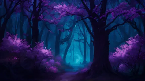 purple trees in a dark forest with a path leading through them, magical fantasy forest, fairytale forest, dark fantasy forest, magical forest, magic forest, fantasy forest, enchanted and magic forest, enchanted magical fantasy forest, magical colors and at...