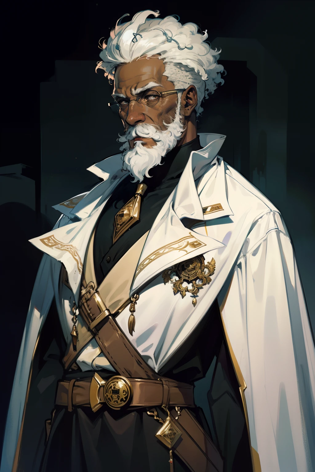 "An elegant, middle-aged black male with a distinguished short afro white hair and a well-groomed stubble beard wearing a sophisticated military robe. Masterpiece-level artwork of the highest quality."