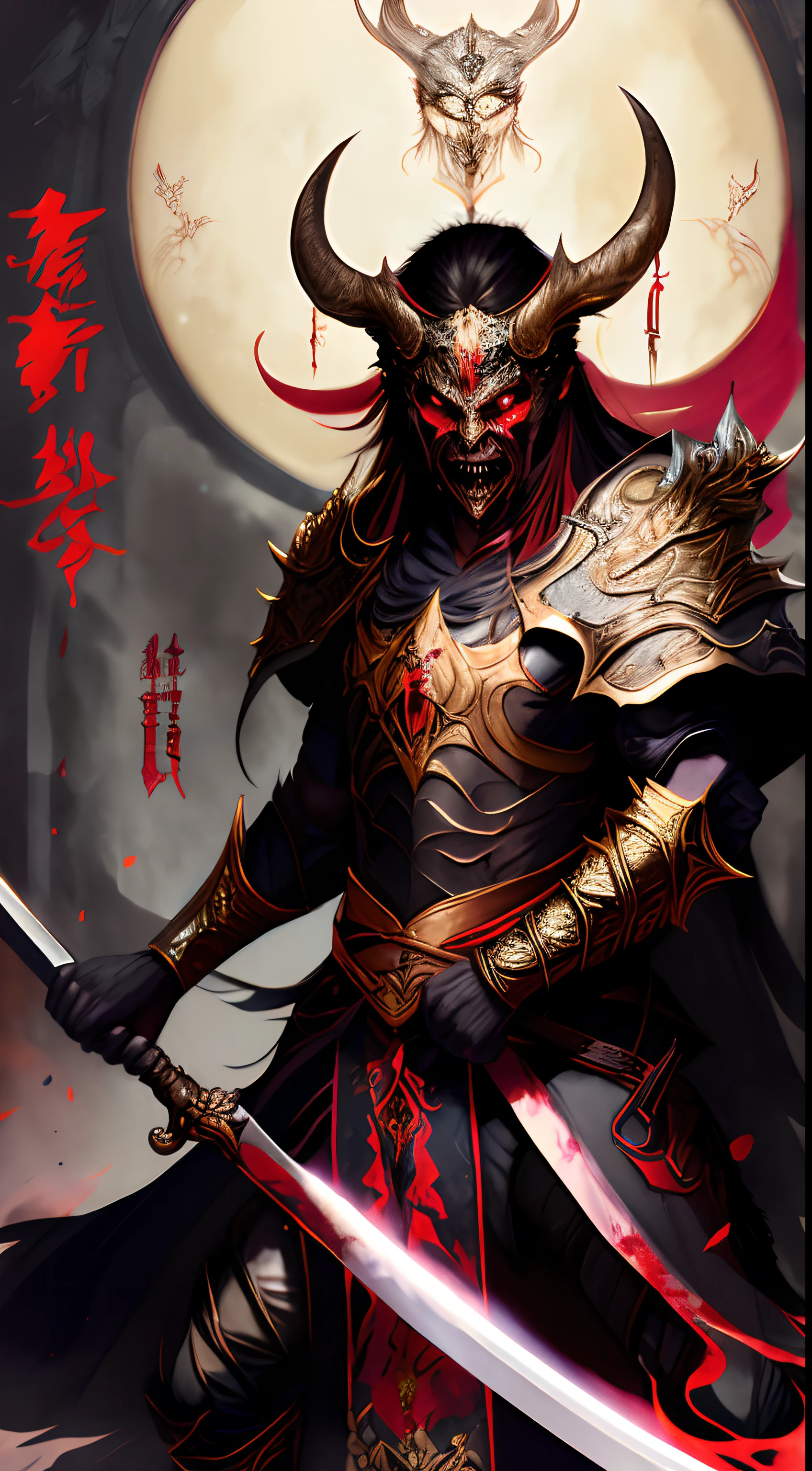 photo, an illustration of a demon in armor holding a sword (FantasyDaimyo style:1)