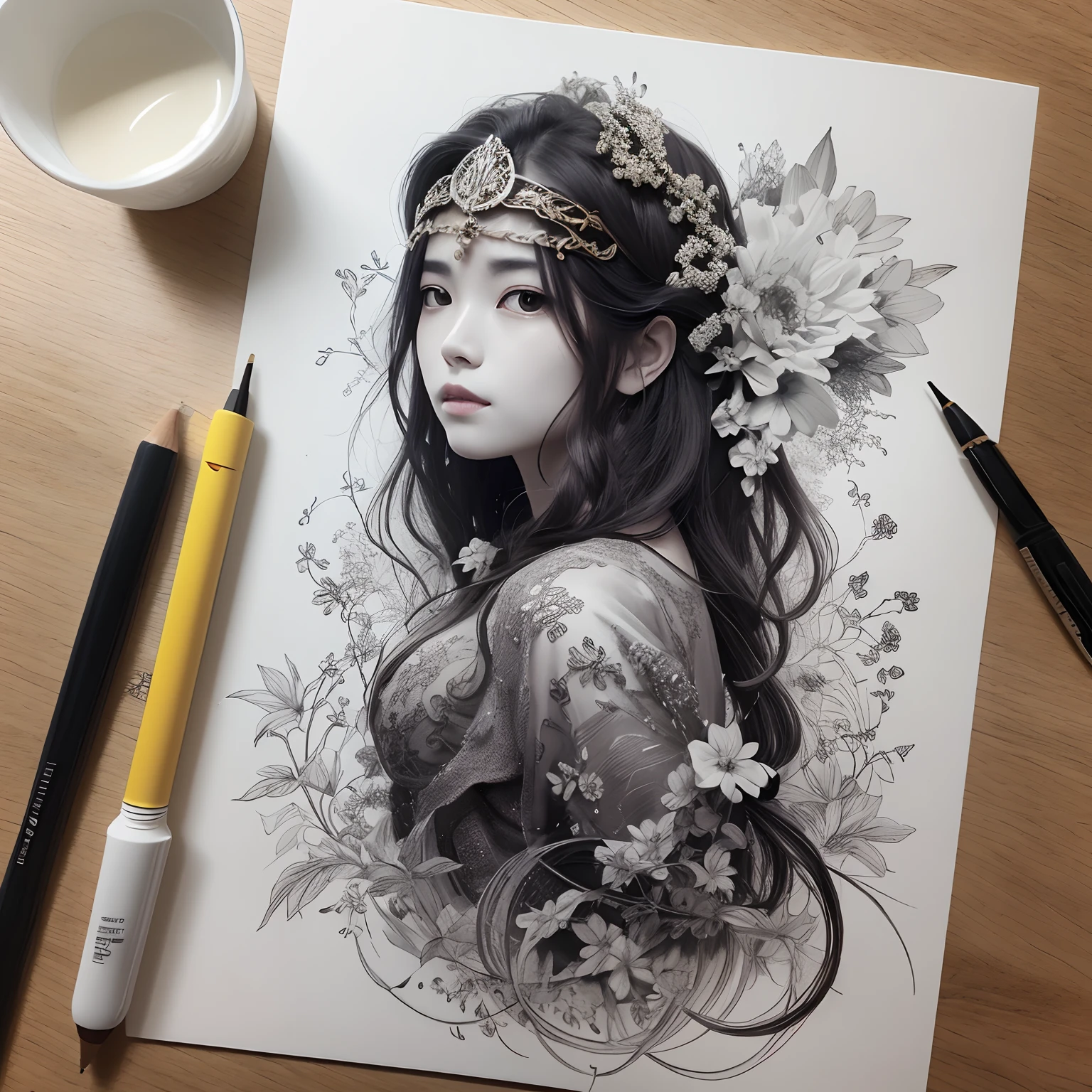 desenho de uma flor, ilustração em caneta e tinta, inspirado em Ren Xun, caneta e trabalho de tinta. foco afiado, flores crescem do corpo