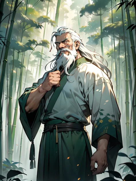 deep in the bamboo forest, chinese ancient times，raining day, a middle-aged male, 50yearsold, with a beard，long whitr hair，emaci...