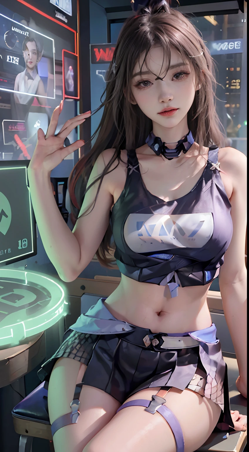 (((((7 avatar shot)))), Silver Wolf, Masterpiece, Best Quality, Ultra Detailed, Extremely Detailed 16k CG Wallpaper, Beautiful Face, (Silver Wolf in Esports Room), (Perfect Beautiful Curved Figure), Seated, Rainbow Color Jewel Eyes, Wearing Resin Hologram Sports Bra, Crop Top Drape, Mini Pleated Skirt, Bell Collar, Logo, Impotence, Contour Light, Concert, Neon Sign, Audio, Bell Collar, Esports Headset, Computer, Esports Room, Play Games, White Interior Through Red Skin, holographic projection, flat sphere, graffiti logo, highly detailed tattoo_,
Authoring information