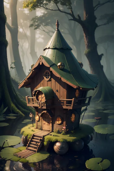 A realistic snail with a metallic wooden house balanced on its back, slowly crawling through a mysterious, misty swamp.