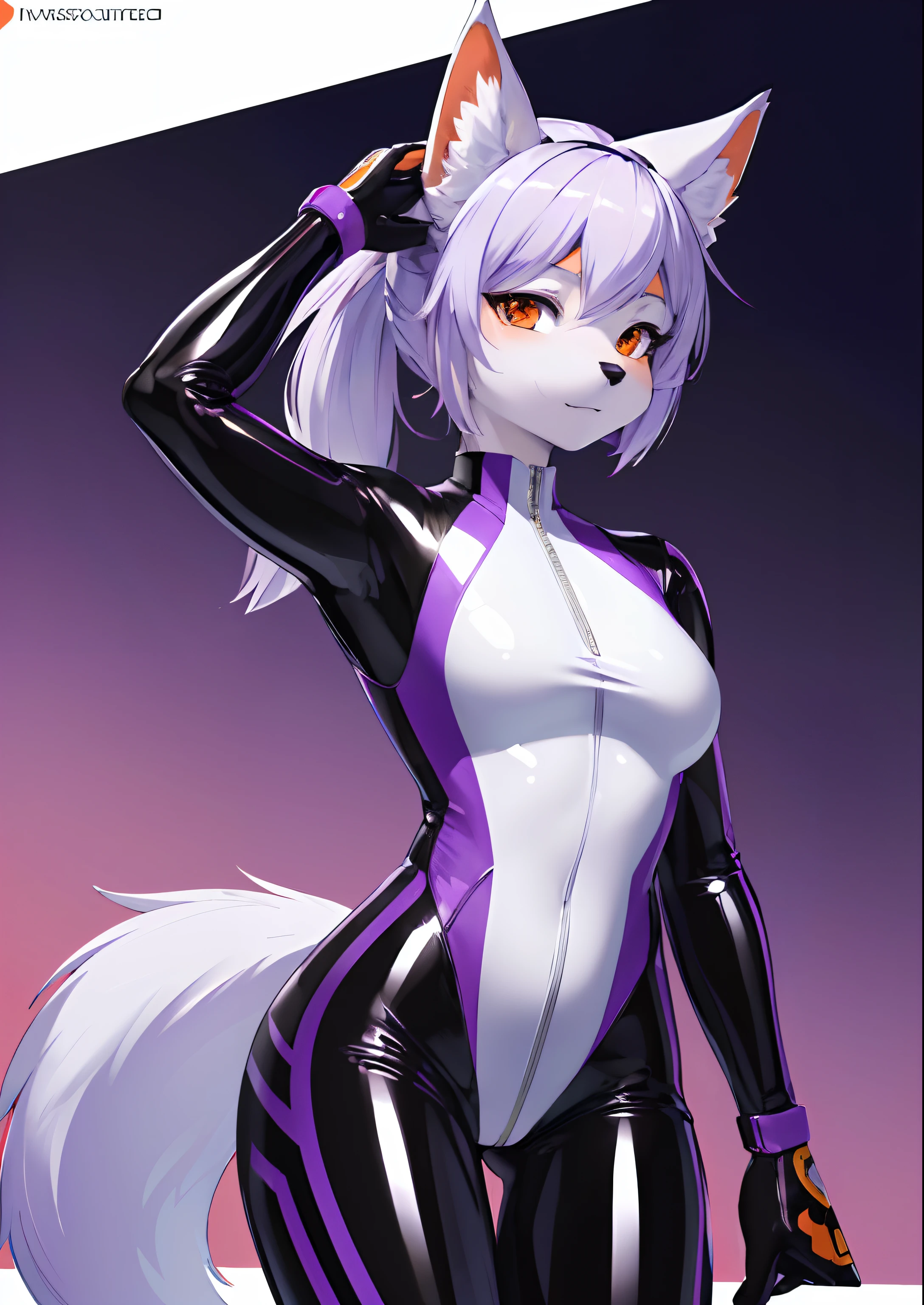 (Masterpiece, Best Quality, Highres:1.4), Detailed, Intricate Details, 4K, 1girl, (beautiful anthro wolf girl, purple fur), white ponytail, orange eyes, latex bodysuit racing suit sporty, simple background, best quality