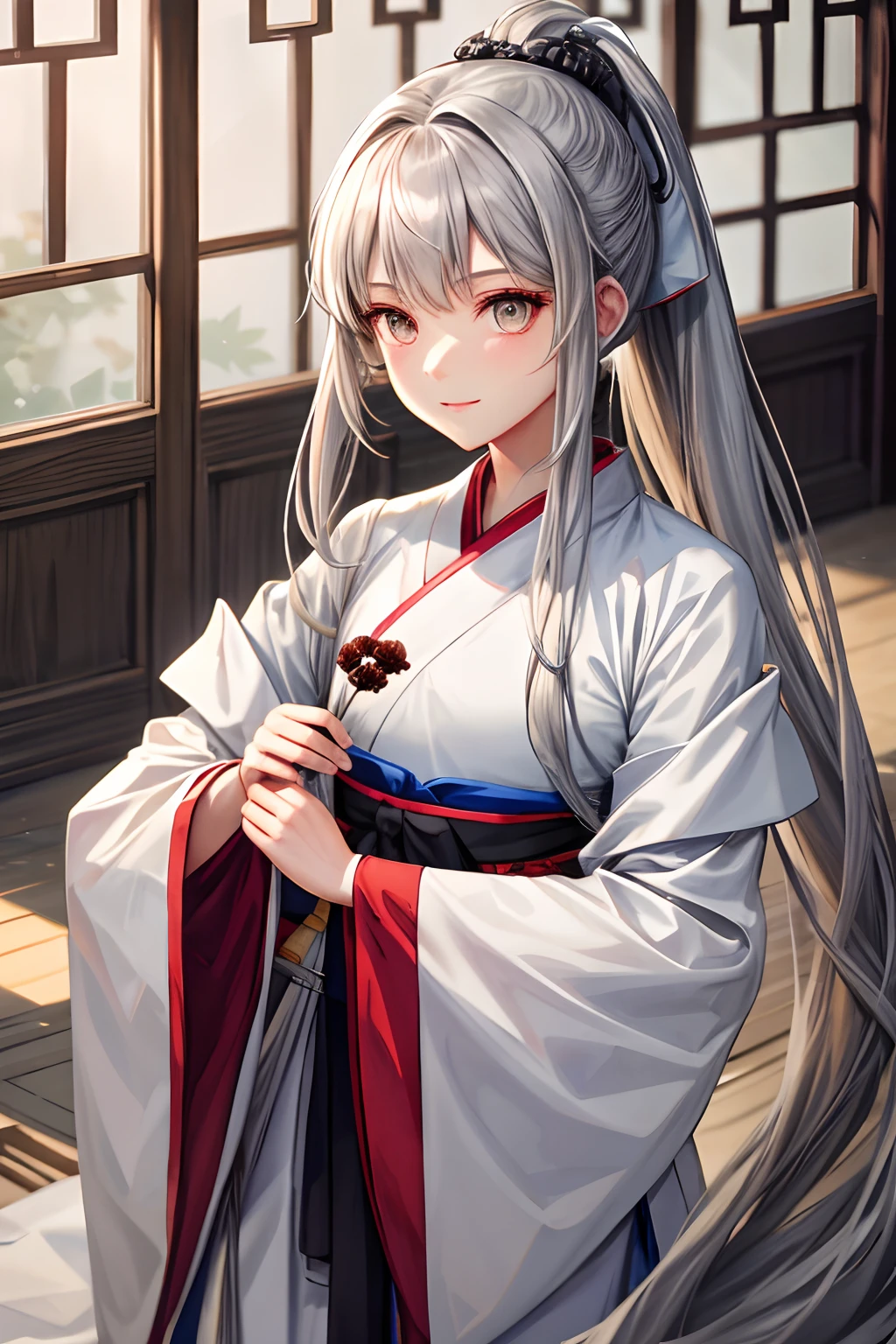 gray-haired girl，Hanfu，longer sleeves，High-quality illustrations，Long ponytail