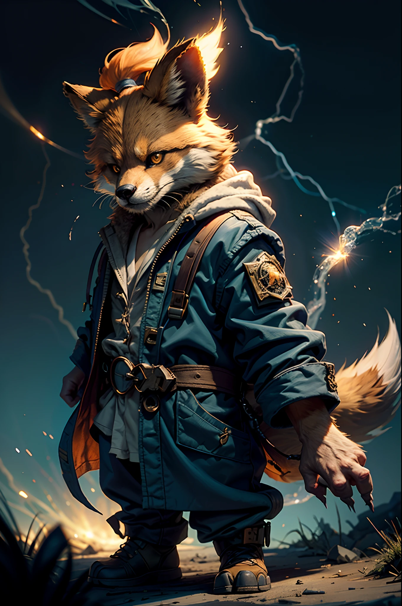 fox Anthropomorphic, ,, , (extremely intricate robes, magical robes orange and purple), (extremely detailed background), ((dynamic background)), ((lightning)), (light rays), ,, , highest quality,, very angry face, body fitness, full body, long hair with braids , at night in the cemetery with fireflies , casting lightning, electricity, swirling fire, radiating power, sparks, smoke, magic, ((dramatic)), epic, battlefield, depth of field, bokeh, 4k, gothic, ember, particles