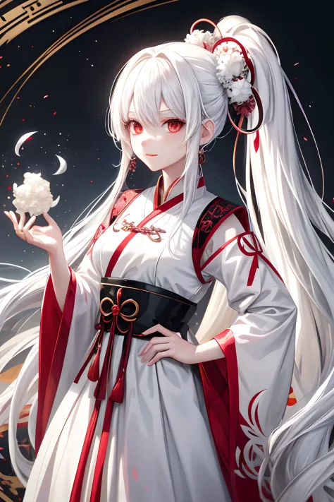 Anime girl with white hair and black dress red earrings, White-haired god, white haired Cangcang, White-haired woman, Palace ， A girl in Hanfu, , cute anime waifu in a nice dress
