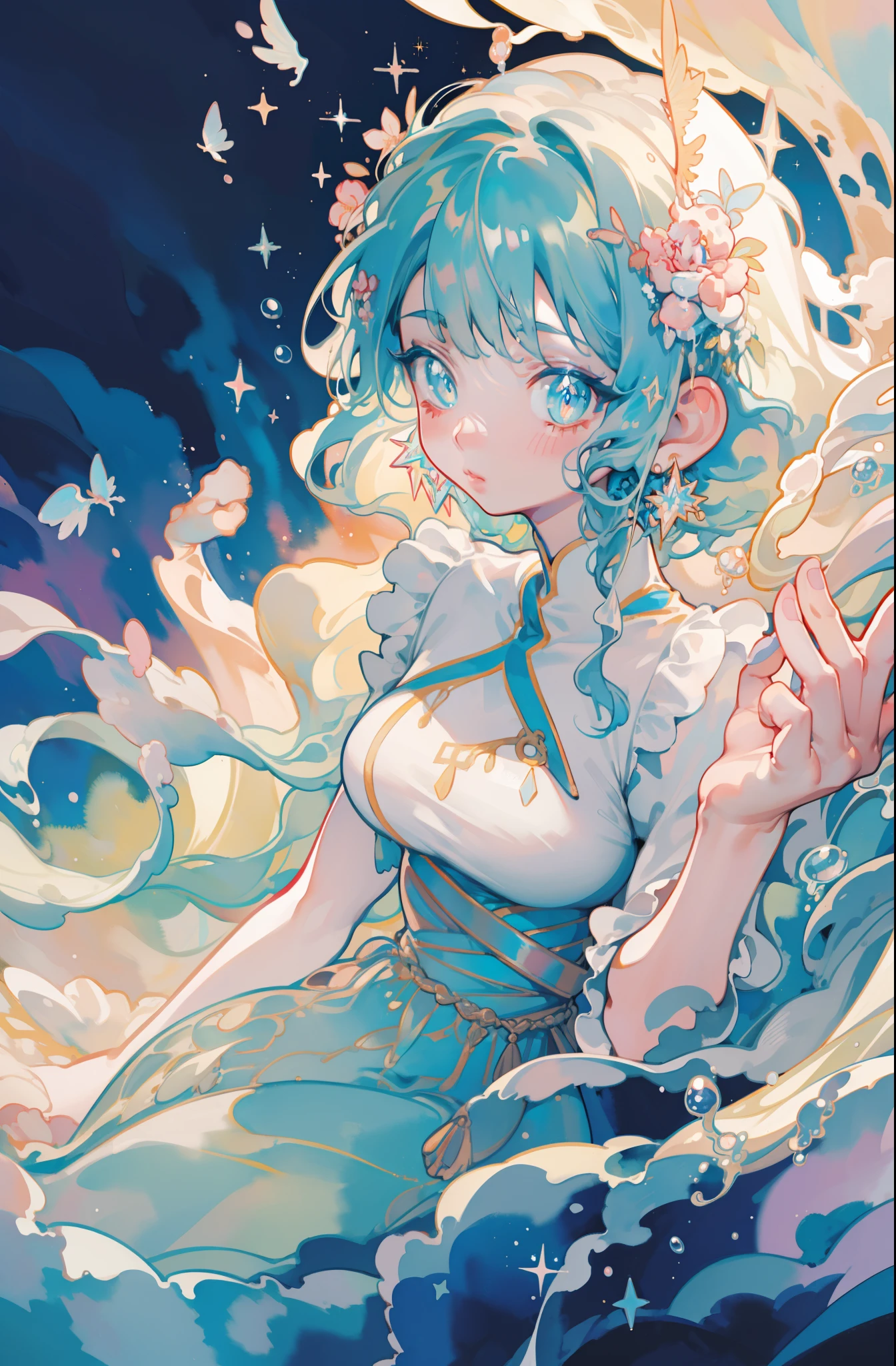 masterpiece, best quality, sharp focus, 8k, intricately detailed environment, anime, watercolor illustration, colorful, bright colors, whimsical, glowing lights, liquid otherworldly, fairy lights, beautiful girl in flowing liquid glowing dress, perfect face, golden ratio, sparkling eyes, watercolor, liquid light, angel wings