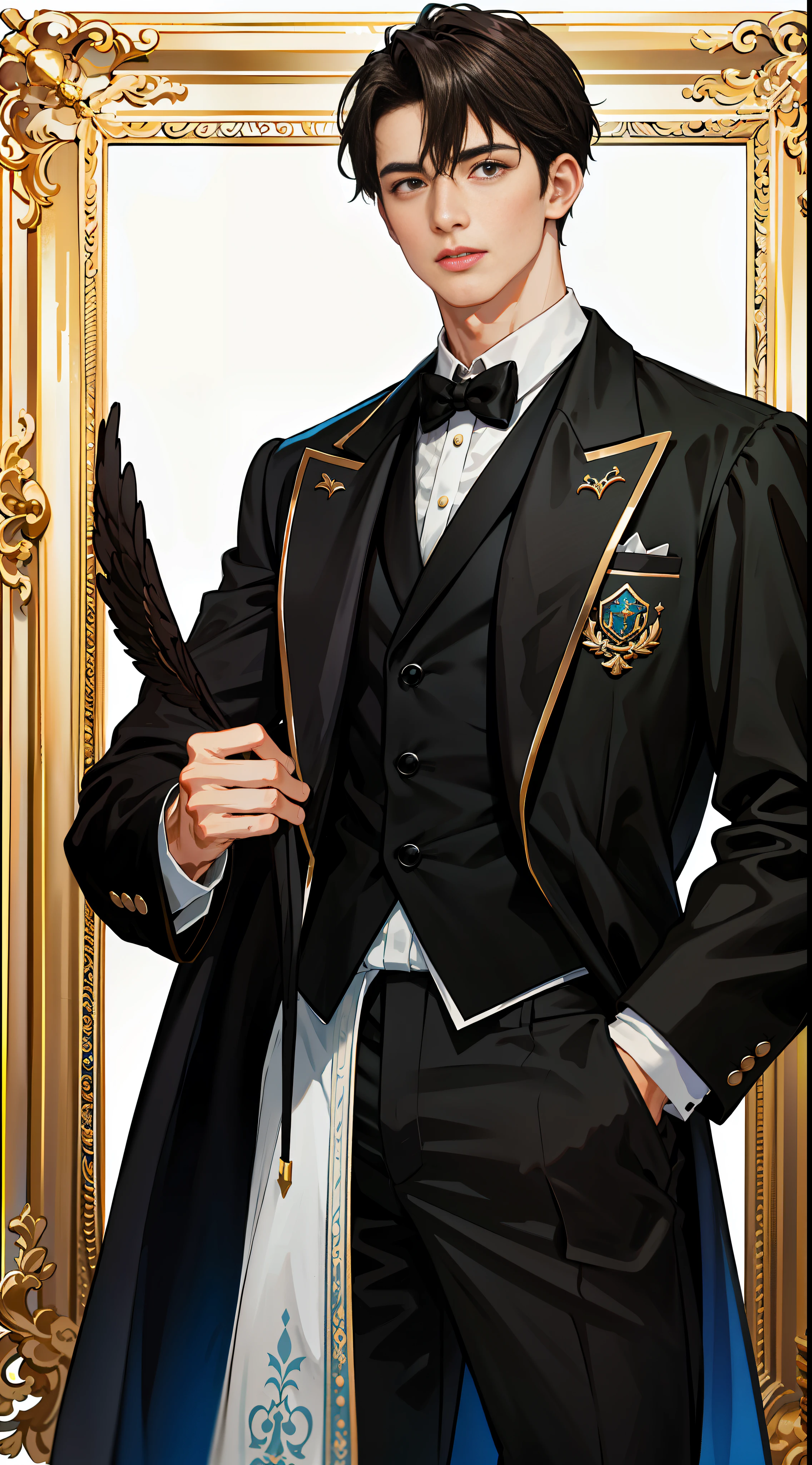 "traje negro clasico europeo, chico guapo sabio y encantador, con postura de caballero, rostro hermoso y figura alta, un rico encanto."
