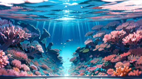 (Masterpiece, Best Quality:1.2), (no humans, cliff, under water, perspective, From below:1.5), 8K, absurderes, Beautiful coral r...