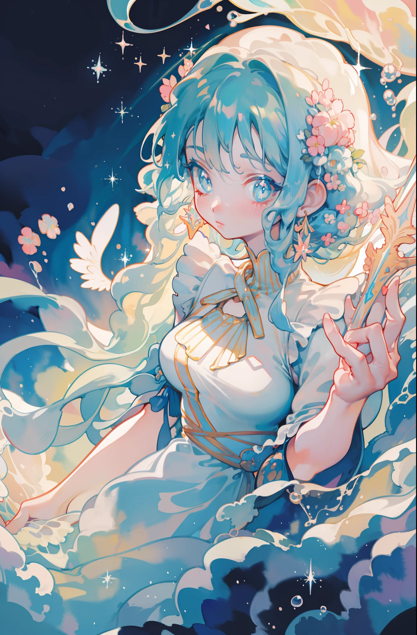 masterpiece, best quality, sharp focus, 8k, intricately detailed environment, anime, watercolor illustration, colorful, bright colors, whimsical, glowing lights, liquid otherworldly, fairy lights, beautiful girl in flowing liquid glowing dress, perfect face, golden ratio, sparkling eyes, watercolor, liquid light, angel wings