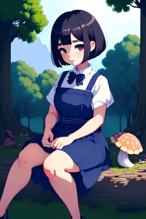 （（pix）） 1girll， 独奏， black braided hair， simplebackground， picking mushrooms in the forest， portrait
blush，，（short black bob hair...